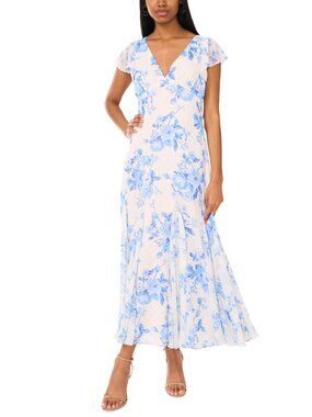 CeCe Women's Printed V-Neck Flutter-Sleeve Chiffon Dress - Blue Air